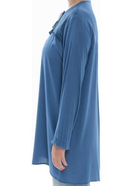 Modasen Yaka Dantelli Bağcıklı Mavi Bürümcük Kadın Bluz modelleri