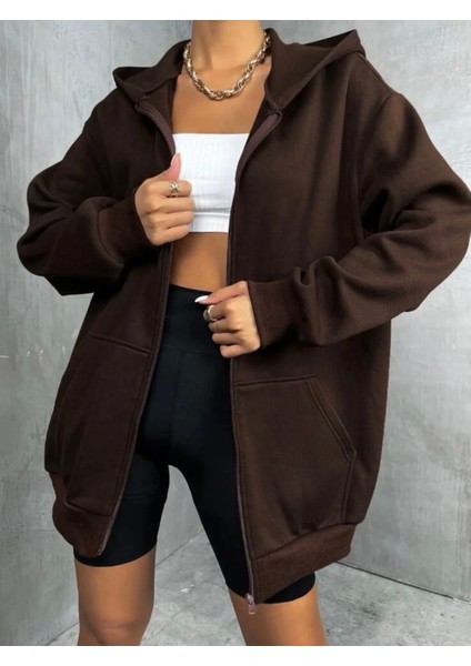 Büyük Beden Özel Tasarım Kapüşonlu Tam Fermuarlı Süper Oversize Battal Kadın Ceket-Sweatshırt