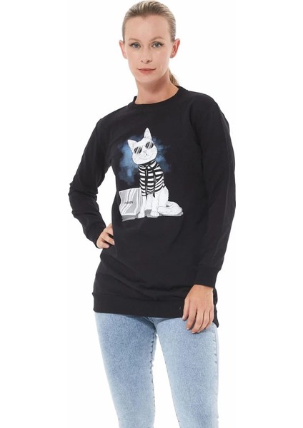 Kedi Baskılı Sıfır Yaka Siyah Kadın Sweatshirt