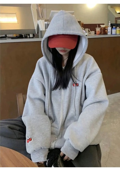 Büyük Beden Özel Tasarım Kapüşonlu Çift Kiraz Baskılı Süper Oversize Battal Kadın Sweatshırt