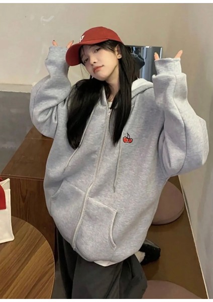 Büyük Beden Özel Tasarım Kapüşonlu Çift Kiraz Baskılı Süper Oversize Battal Kadın Sweatshırt fiyatları