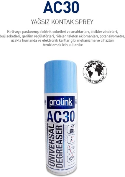 AC30 Yağsız Kontak Sprey 200 ml Kirli Paslı Yüzeyler Temizlek İçin