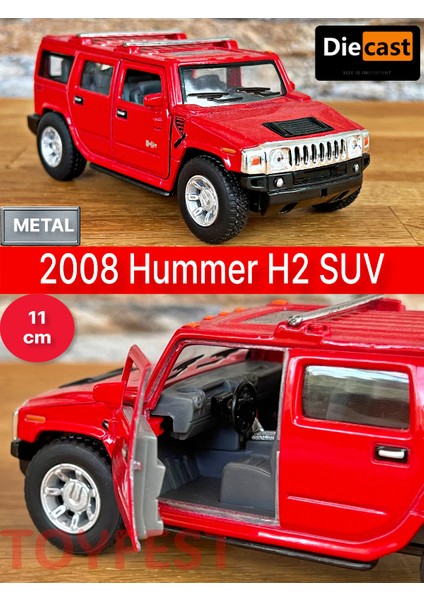 2008 Hummer H2 Suv Çek Bırak Die - Cast Kapıları Açılabilen Metal Model Araba - Kırmızı 11.5 cm
