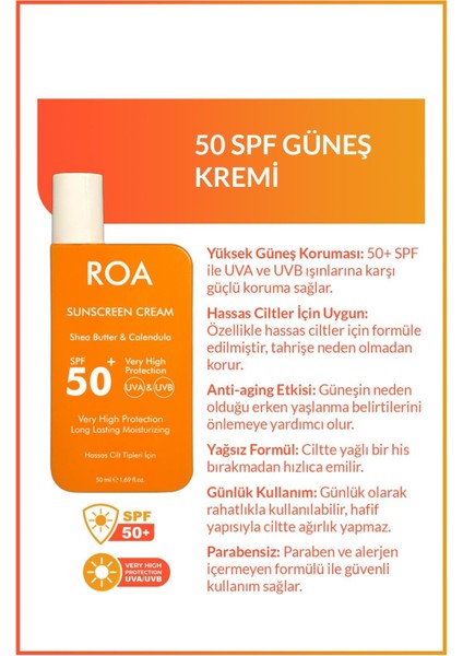 Roa Bitkisel 50 Spf Sunscreen Cream 50 ml Hassas Cilt Tipleri Için