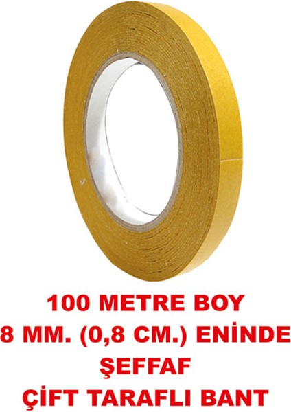 Çift Taraflı Şeffaf Bant 100 Metre Uzunlukta (8 mm - 0,8 Cm) Enine