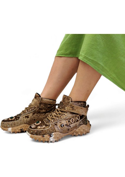 G24K351 Özel Tasarım Taşlı ve Bilekli Camel Renk Kadın Sneaker
