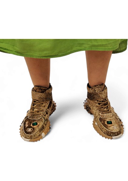 G24K351 Özel Tasarım Taşlı ve Bilekli Camel Renk Kadın Sneaker