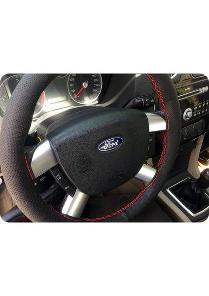 Dikişli Deri Direksiyon Kılıfı Noktalı Deri Kırmızı Dikişli Ford Focus Için