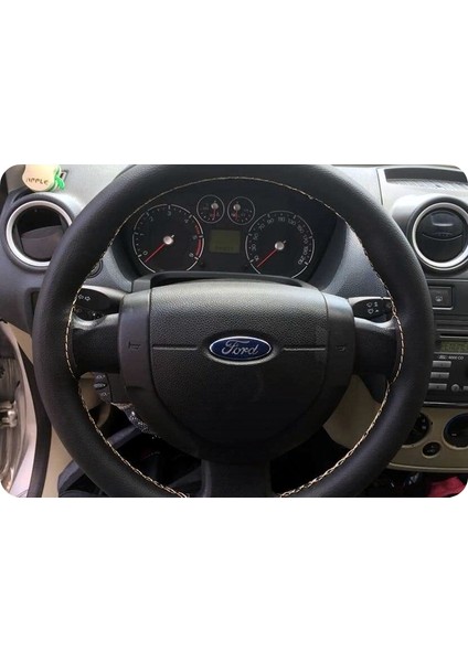 Dikişli Deri Direksiyon Kılıfı Damarlı Siyah Deri Bej Dikişli Ford Fiesta Fusion Için