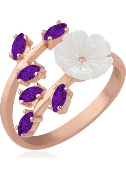 Gümüş Rose Mor Yapraklı Bahar Çiçeği Yüzük