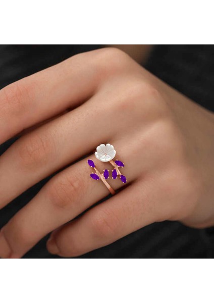 Gümüş Rose Mor Yapraklı Bahar Çiçeği Yüzük modelleri
