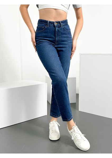 Koyu Mavi Kadın Mom Jean Yüksek Bel Likralı Esnek Kot Pantolon Anna-Kymavi