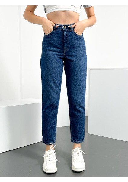 Koyu Mavi Kadın Mom Jean Yüksek Bel Likralı Esnek Kot Pantolon Anna-Kymavi modelleri