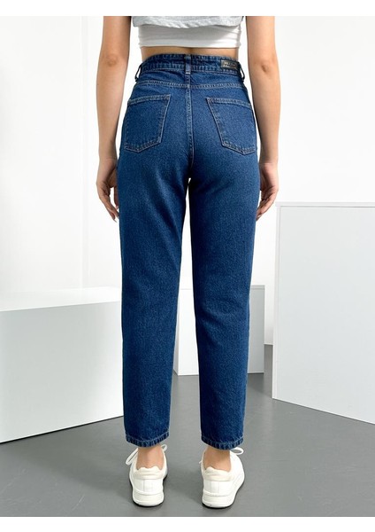 Koyu Mavi Kadın Mom Jean Yüksek Bel Likralı Esnek Kot Pantolon Anna-Kymavi indirimleri