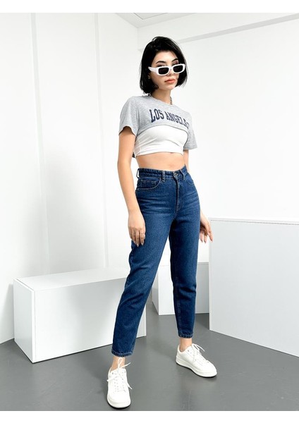 Koyu Mavi Kadın Mom Jean Yüksek Bel Likralı Esnek Kot Pantolon Anna-Kymavi fiyatları