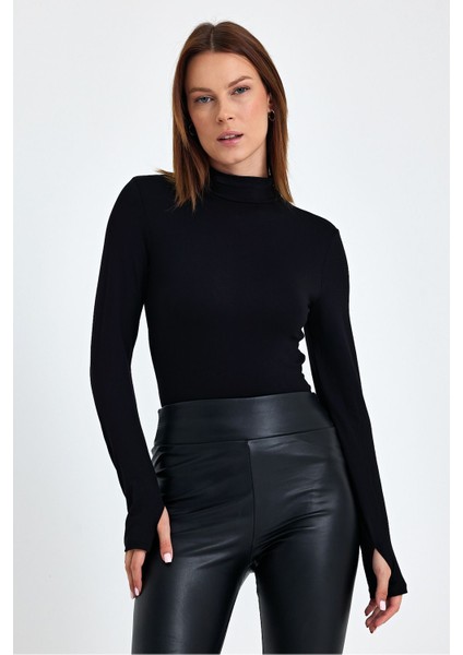 Kadın Siyah Parmak Detaylı Yarım Balıkçı Yaka Pamuk Viskon Body modelleri