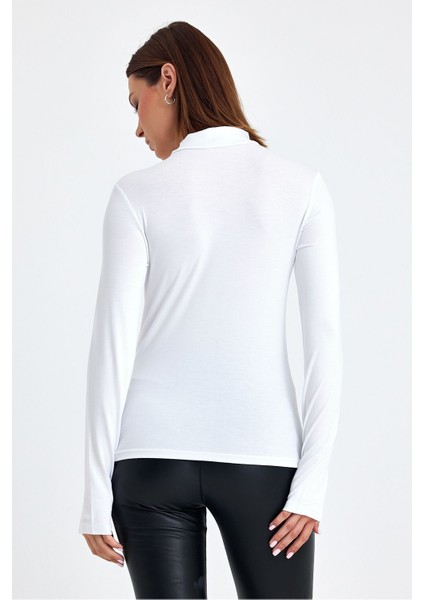 Kadın Beyaz Parmak Detaylı Yarım Balıkçı Yaka Pamuk Viskon Body fırsatları