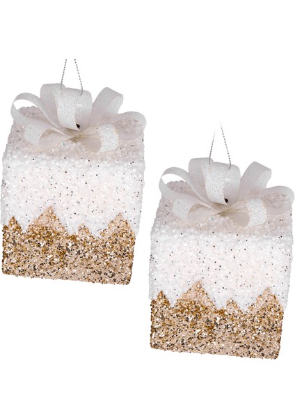 Yılbaşı Süsü Hediye Paketi Simli Kurdelalı 2'li Paket Gold-Beyaz 8 cm