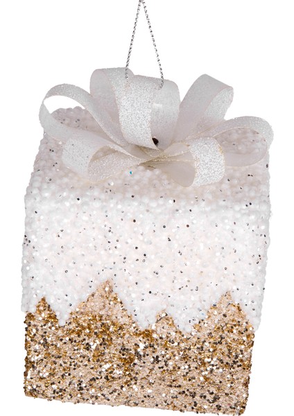 Yılbaşı Süsü Hediye Paketi Simli Kurdelalı 2'li Paket Gold-Beyaz 8 cm fiyatları