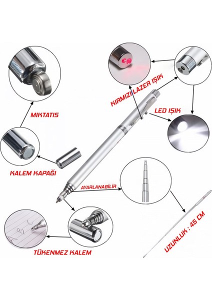 Teleskopik Lazerli Sunum Kalemi|lazer Işıklı Uzayabilen Kalem|öğretmen Kalemi