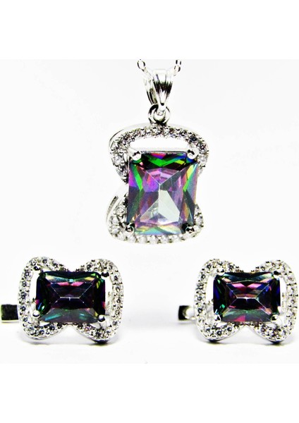 Gümüş Baget Mistik Topaz Taşlı Kadın Kolye Küpe