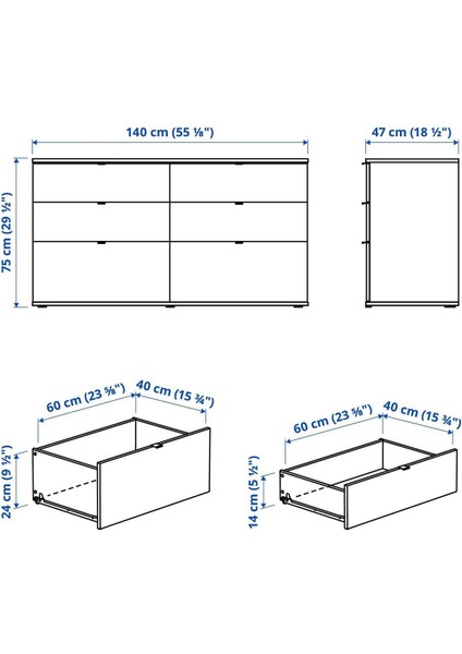 6 Çekmeceli Şifonyer Beyaz Genişlik 140 cm  Derinlik 47 cm  Yükseklik  75 cm