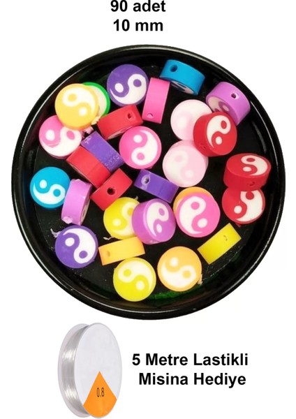 90 Adet 10 mm Polimer Kil Fimo Boncuk Takı Bileklik + 5 Metre Lastikli Misina Hediye - Renkli Yin Yang