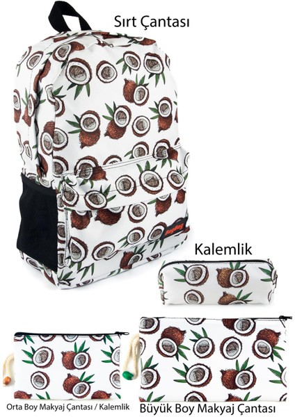 4'lü Set Hindistan Cevizi Desenli Sırt Çantası Kalemlik Makyaj Çantası Büyük Boy Makyaj Çantası fiyatları