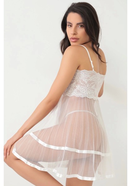 Beyaz Şifon Pileli GECELIK-835