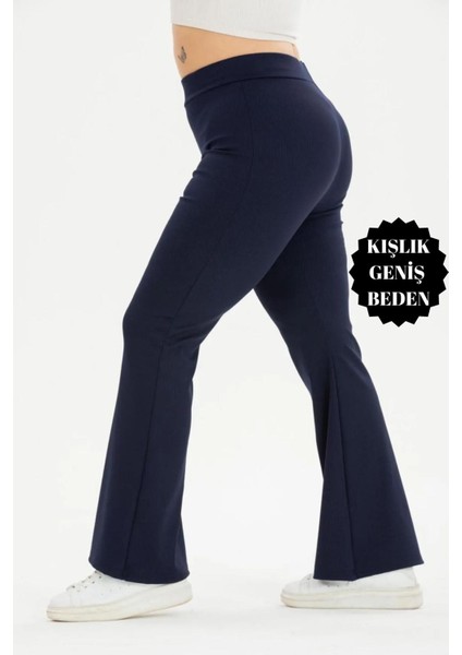 Curve Büyük Beden Fitilli Ispanyol Paça Şardonlu Polarlı Yüksek Bel Toparlayıcı Lacivert Tayt fiyatları