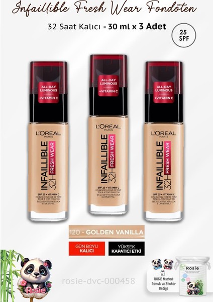 3 Adet Infaillible Fresh Wear 32H Fondöten SPF25 Golden Vanilla 120 ve Rosıe