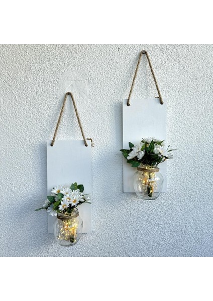 LED Işıklı, Beyaz Papatya Çiçekli Duvar Dekoru Beyaz Ikili Set