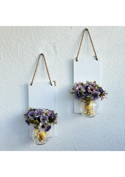LED Işıklı, Pastel Lila Papatya Çiçekli Duvar Dekoru Beyaz Ikili Set