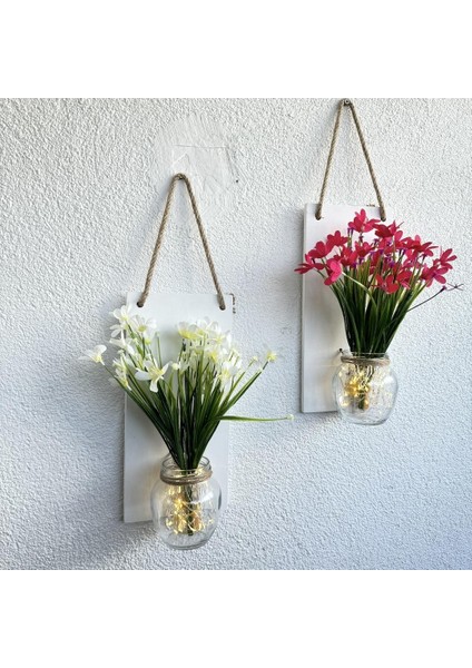 LED Işıklı, Fuşya ve Beyaz Nergis Çiçekli Duvar Dekoru Beyaz Ikili Set fiyatları