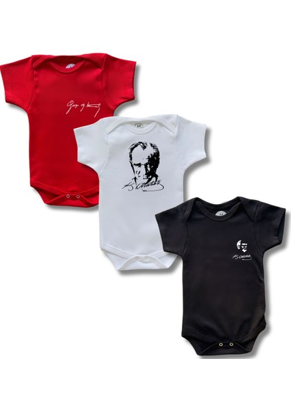 Betül Bebek Kısa Kollu 3lü Atatürk Baskılı Renkli Organik Pamuk Alttan Çıtçıtlı Bebek Body&zıbın
