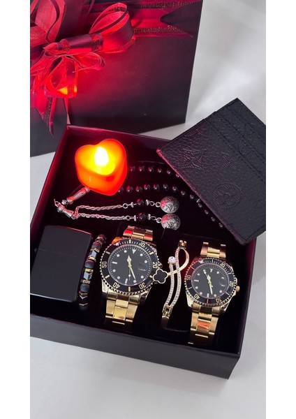 Çift Gold Saat Bileklik Çakmak Tesbih ve Cüzdan Hediyeli Kare Set Kutu