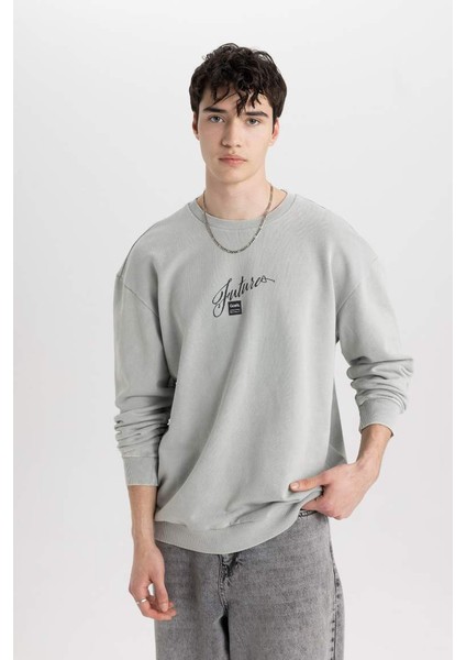Comfort Fit Bisiklet Yaka Baskılı Sweatshirt Parlak Gri