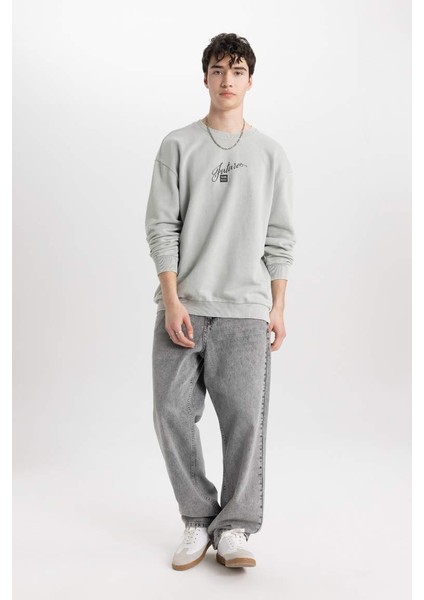 Comfort Fit Bisiklet Yaka Baskılı Sweatshirt Parlak Gri fiyatları