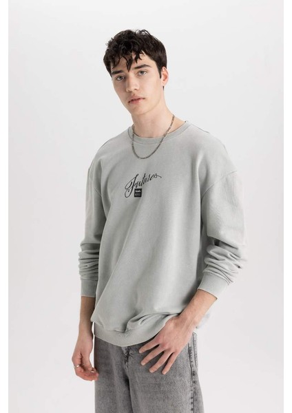Comfort Fit Bisiklet Yaka Baskılı Sweatshirt Parlak Gri fırsatları