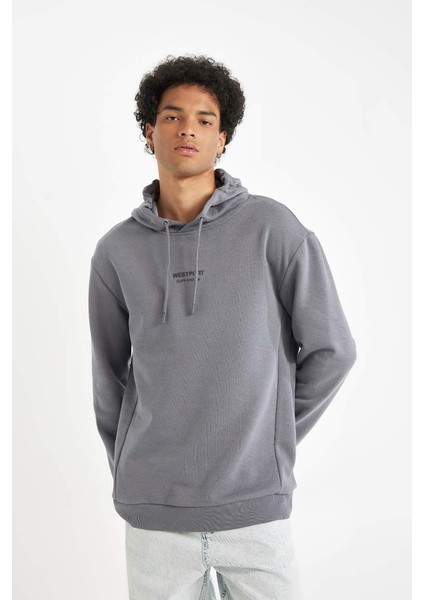 Relax Fit Kapüşonlu Baskılı Kalın Sweatshirt Dark Grey