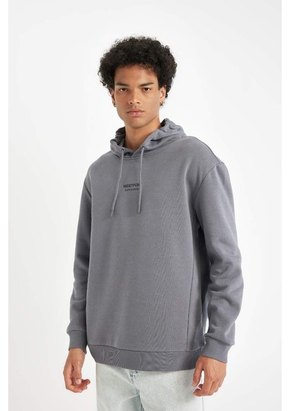 Relax Fit Kapüşonlu Baskılı Kalın Sweatshirt Dark Grey