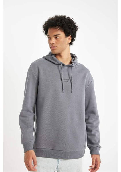 Relax Fit Kapüşonlu Baskılı Kalın Sweatshirt Dark Grey