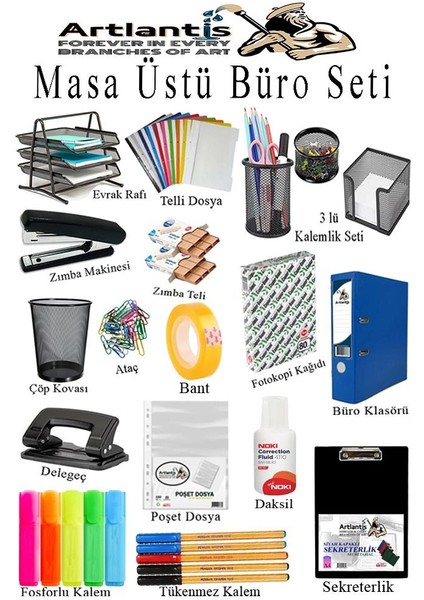 Masa Üstü Ofis Paketi 18 Parça Fotokopi Kağıdı Metal Evrak Rafı Metal Kalemlik Zımba Makinesi Teli Delegeç Çöp Kovası Küp Notluk