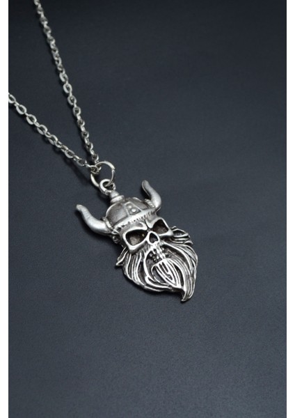 Viking Sakallı Kuru Kafa Gümüş Kaplama Unisex Düz Zincir Kolye kod 747