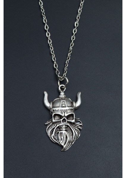Viking Sakallı Kuru Kafa Gümüş Kaplama Unisex Düz Zincir Kolye kod 747