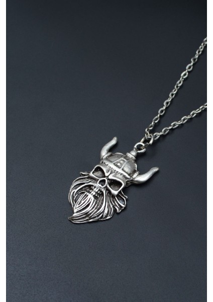 Viking Sakallı Kuru Kafa Gümüş Kaplama Unisex Düz Zincir Kolye kod 747