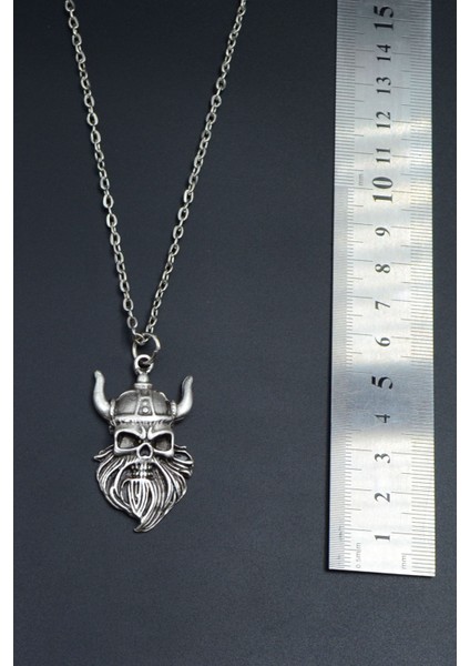Viking Sakallı Kuru Kafa Gümüş Kaplama Unisex Düz Zincir Kolye kod 747