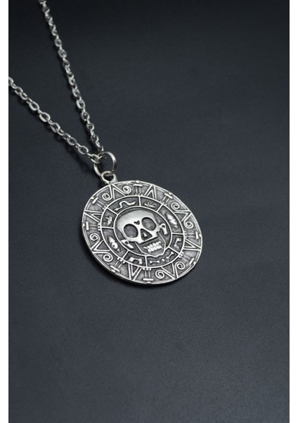 Aztec Karayip Korsanları Madalyon Gümüş Kaplama Unisex Düz Zincir Kolye kod 772