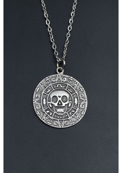Aztec Karayip Korsanları Madalyon Gümüş Kaplama Unisex Düz Zincir Kolye kod 772