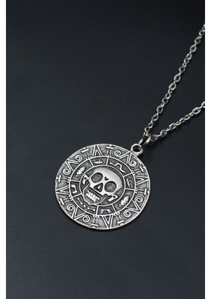 Aztec Karayip Korsanları Madalyon Gümüş Kaplama Unisex Düz Zincir Kolye kod 772